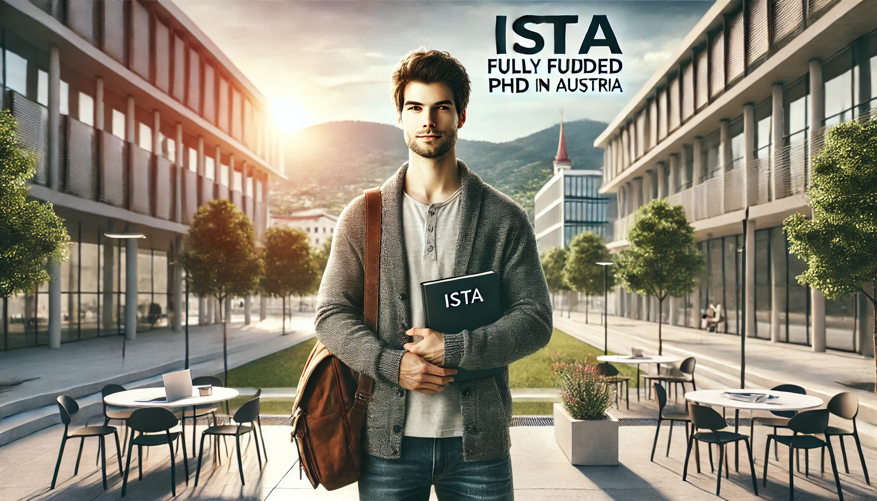 A single student representing the ISTA Fully Funded PhD program in Austria, standing confidently on a modern university campus. The student is holding